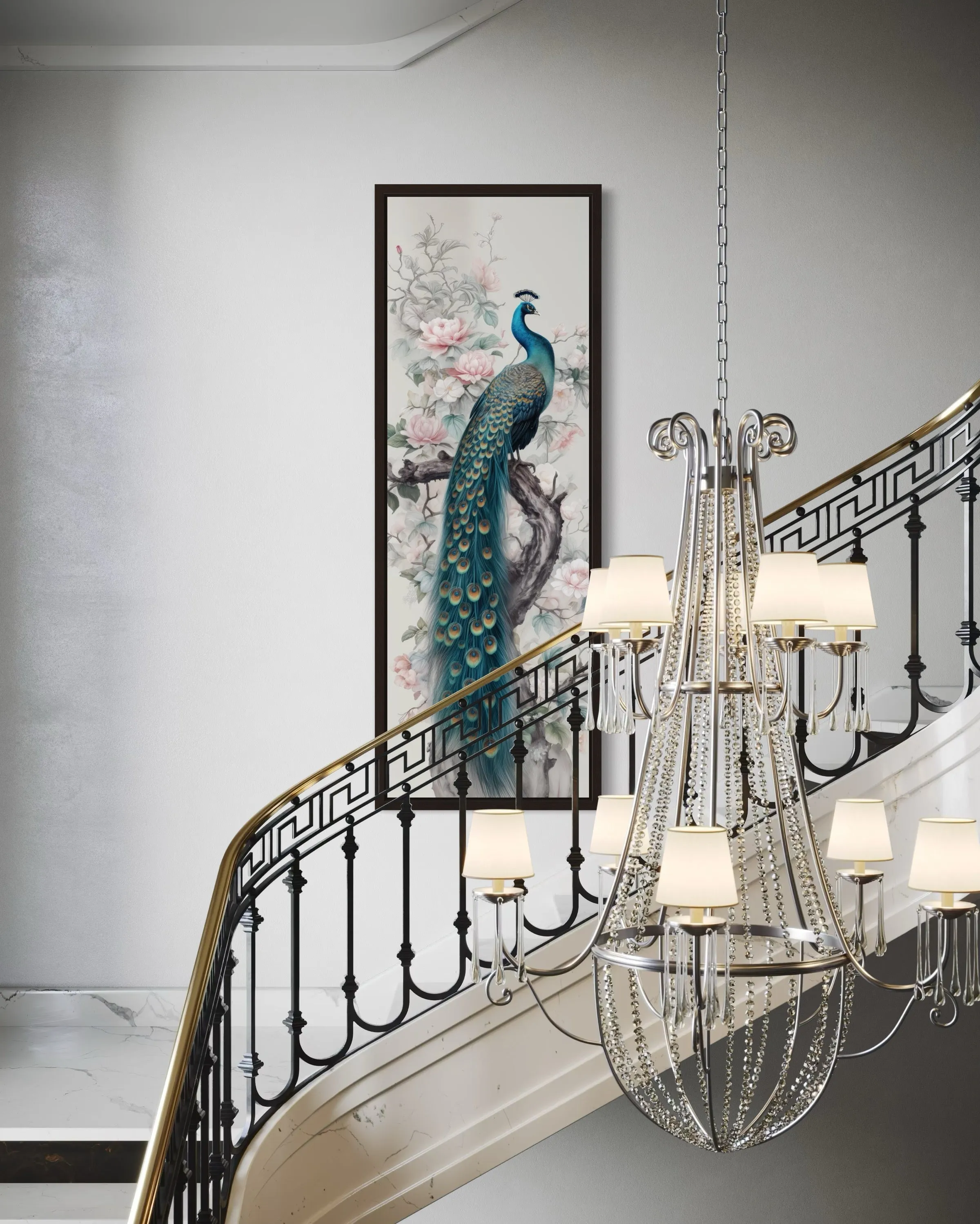Tall Narrow Chinoiserie Peacock Vertical Framed Canvas Wall Art