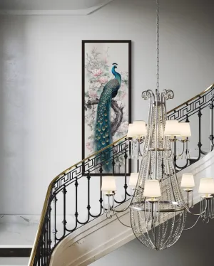 Tall Narrow Chinoiserie Peacock Vertical Framed Canvas Wall Art