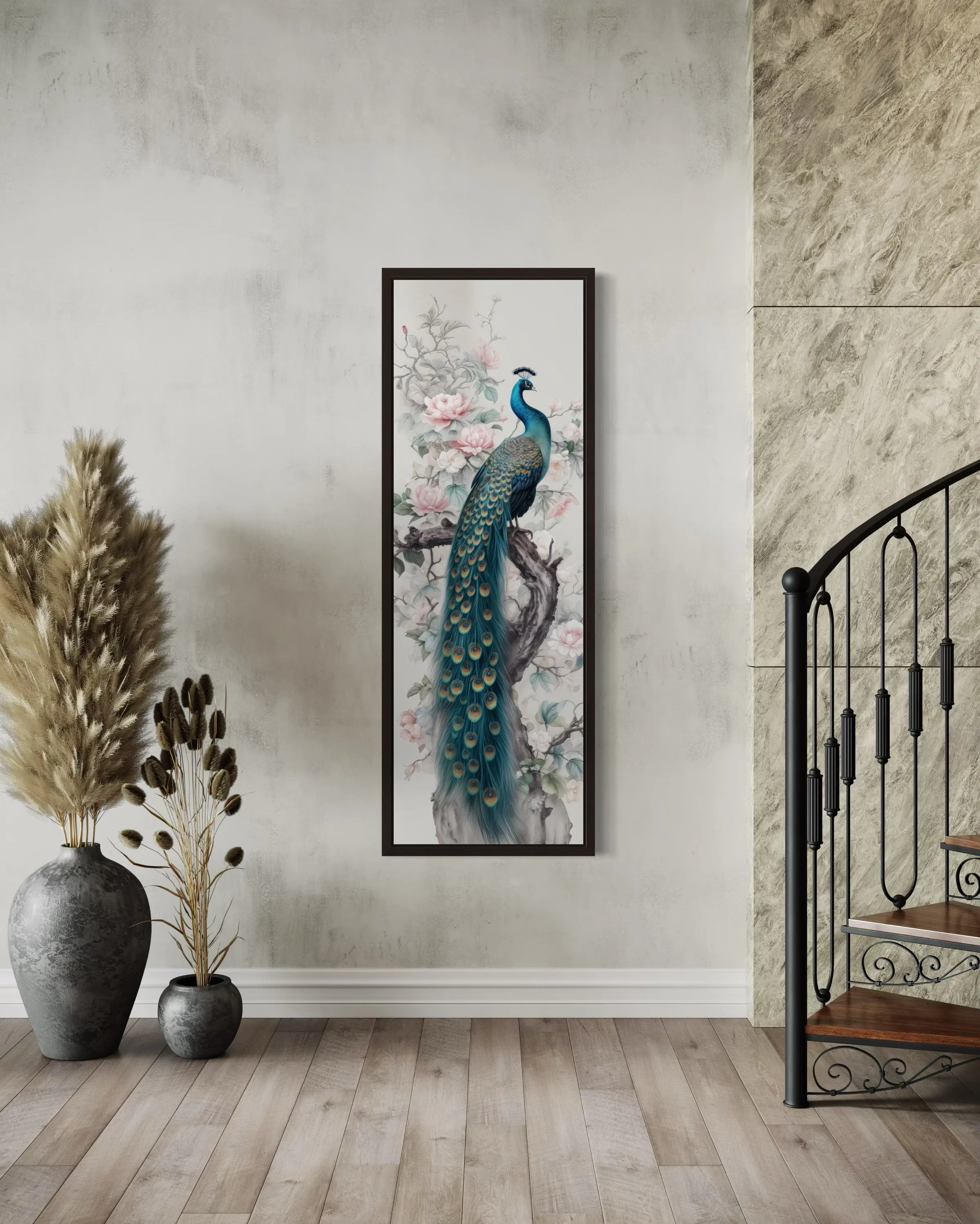 Tall Narrow Chinoiserie Peacock Vertical Framed Canvas Wall Art