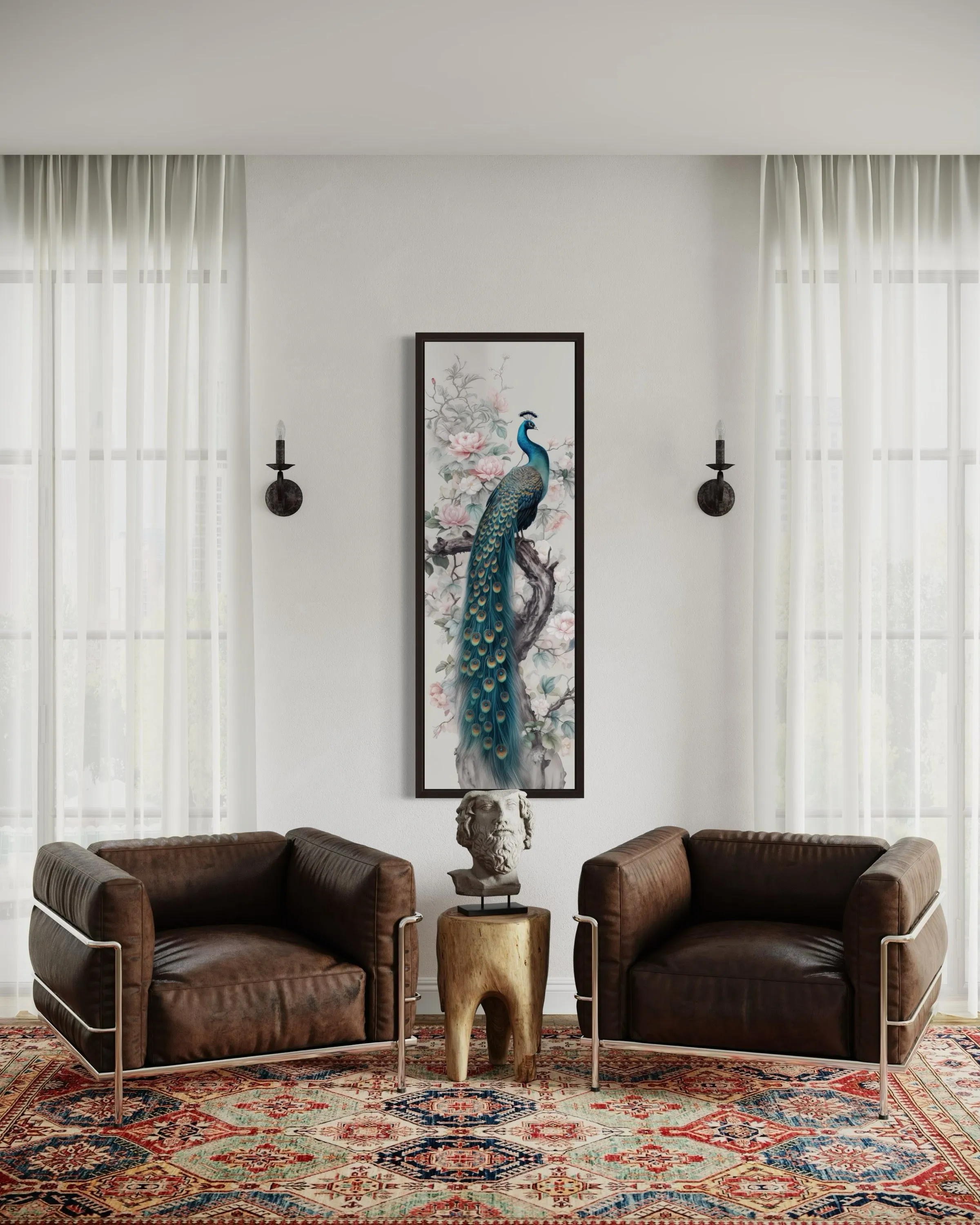 Tall Narrow Chinoiserie Peacock Vertical Framed Canvas Wall Art