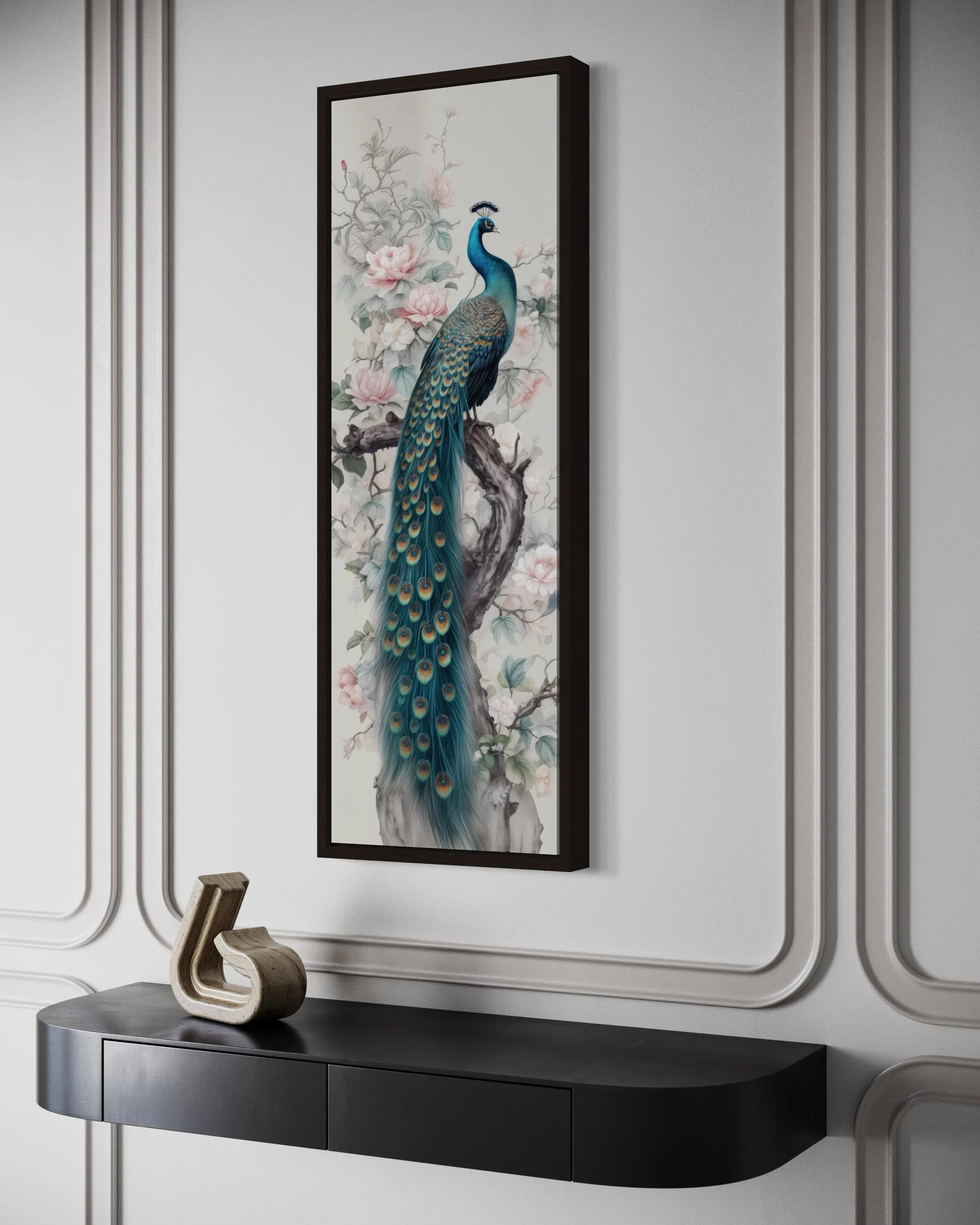 Tall Narrow Chinoiserie Peacock Vertical Framed Canvas Wall Art