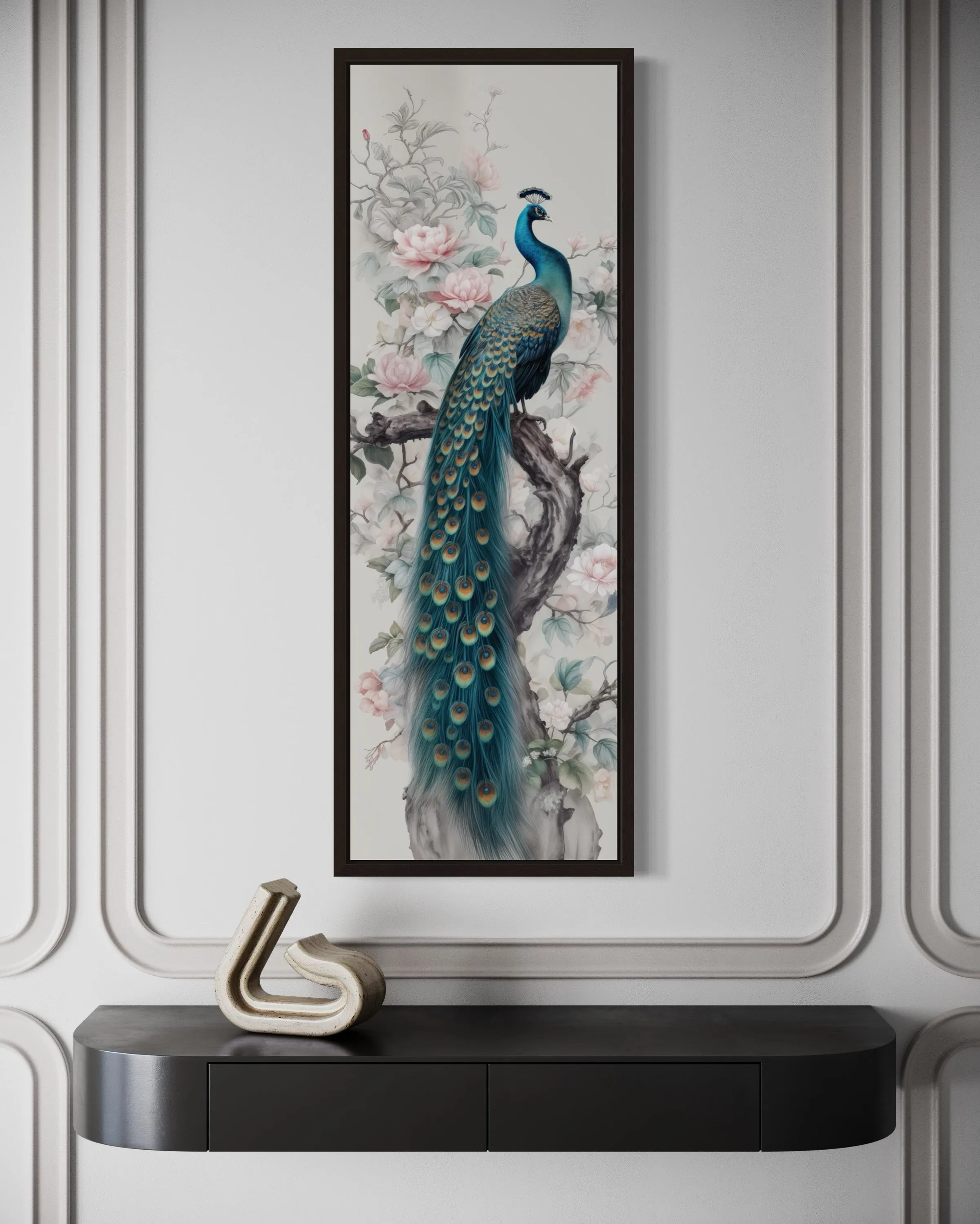 Tall Narrow Chinoiserie Peacock Vertical Framed Canvas Wall Art