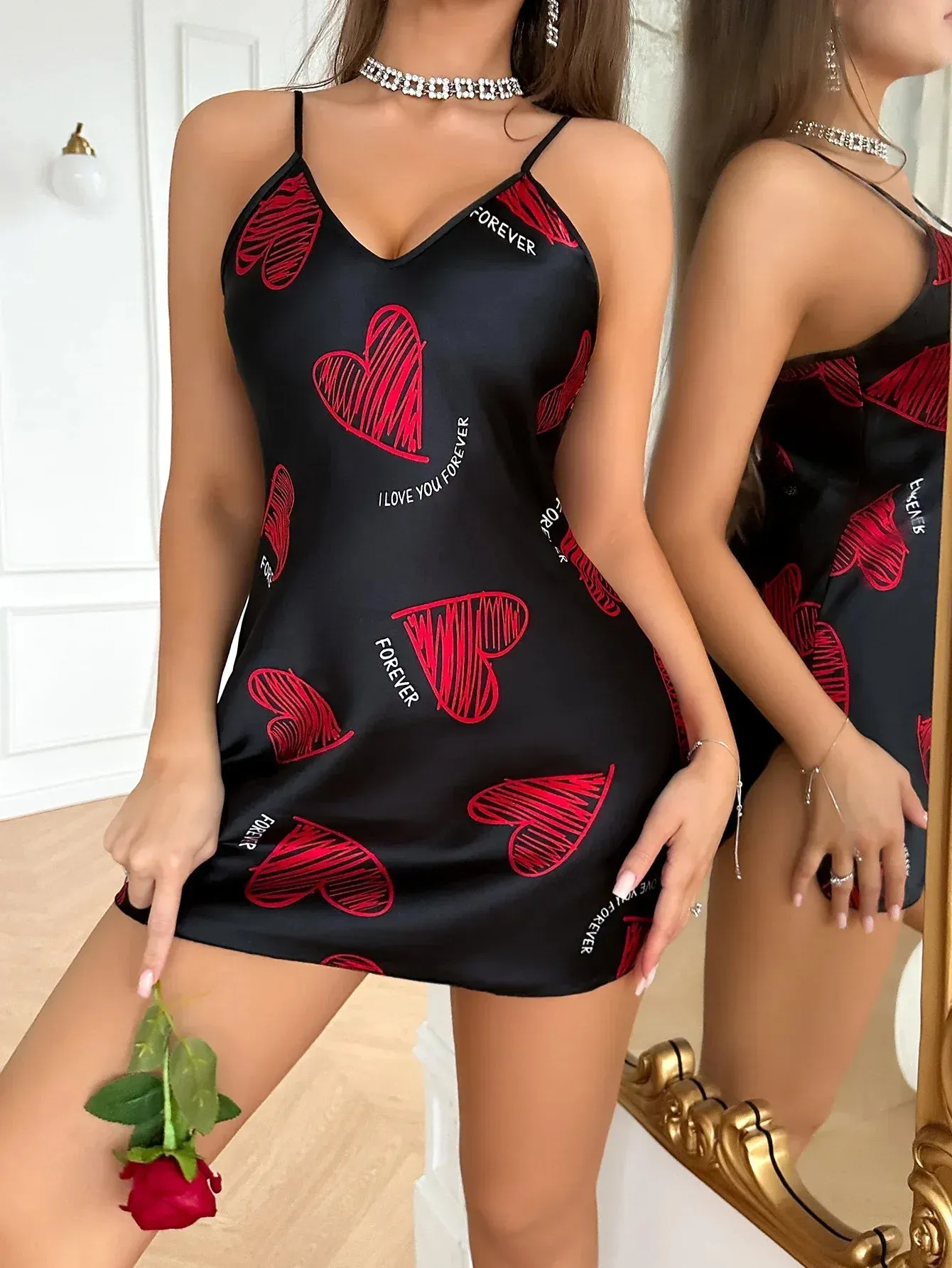 Valentine's Day Red Lip Print Satin Backless Nightdress