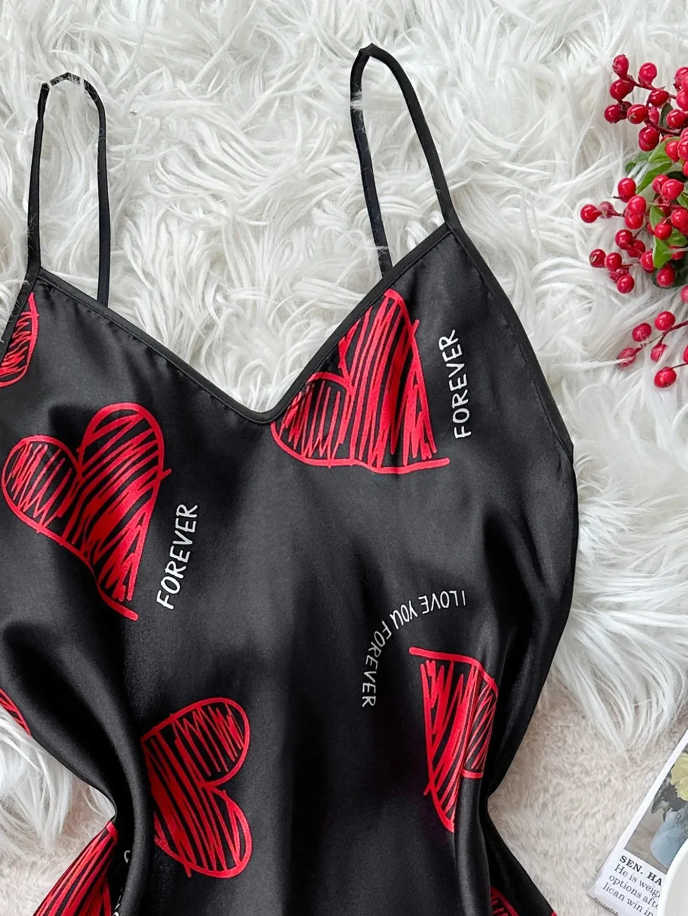 Valentine's Day Red Lip Print Satin Backless Nightdress