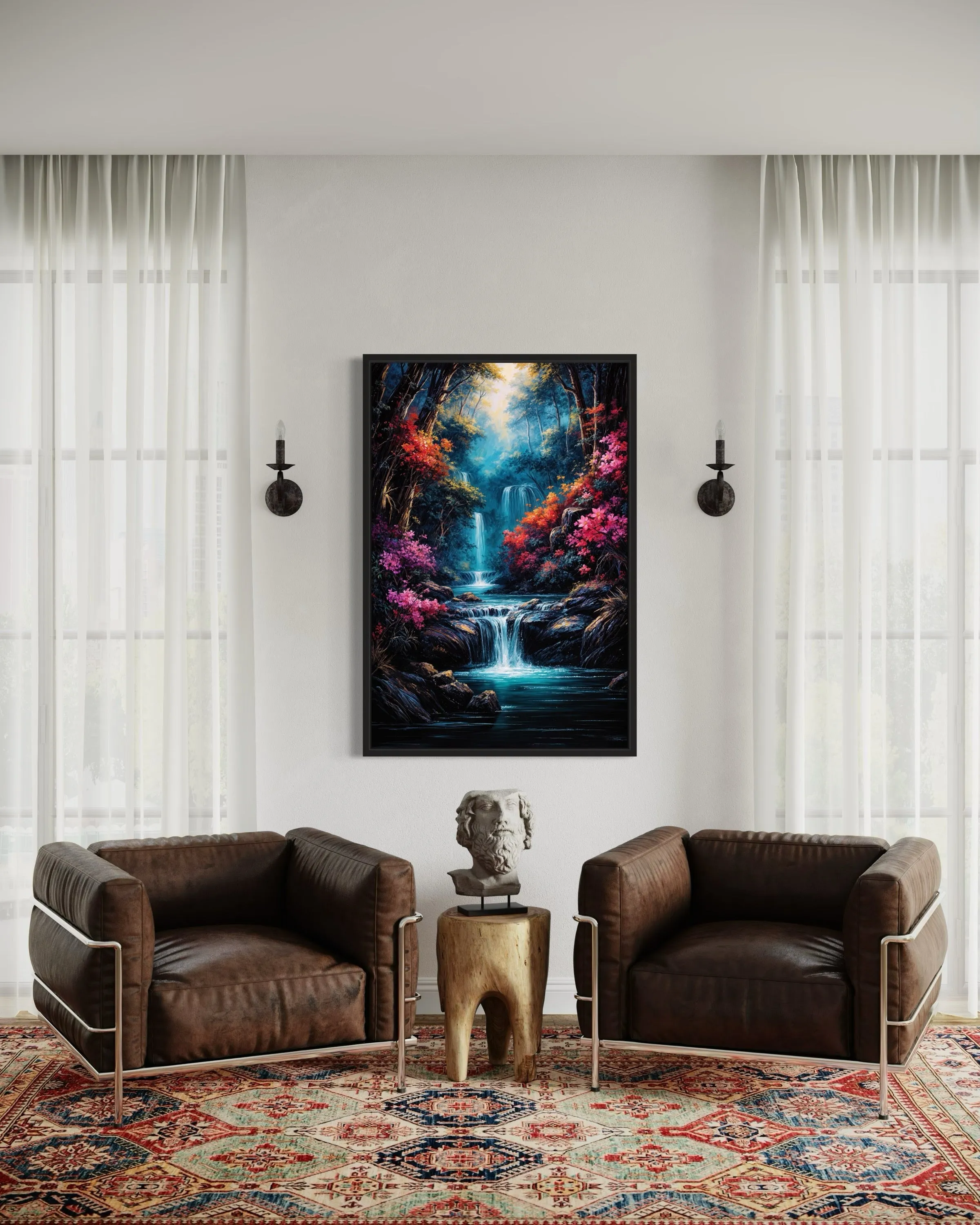 Waterfall In Fantasy Forest Painting Framed Canvas Wall Art